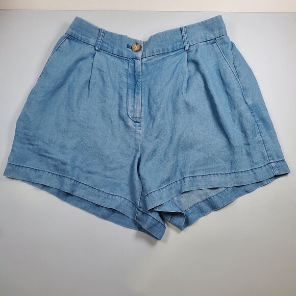Loft High Waisted Baggy Wide Shorts Women Size 6 Denim Finish Linen Blend - Picture 1 of 10